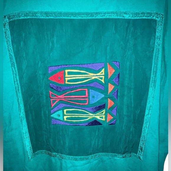 Vintage🐠Johnny Was 90s Teal Embroidered Appliqué Fish Short Sleeve Maxi Dress M - Picture 4 of 8
